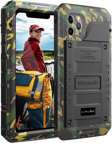 Vista 17 de Mitywah Funda impermeable para iPhone 11, resistente y duradera, de metal, protección de pantalla integrada, impermeable, a prueba de golpes, a Negro