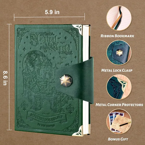 Vista 3 de CAGIE Juego de regalo de diario de cuero verde con bolígrafo
