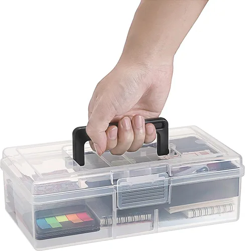 Vista 5 de BTSKY Caja de almacenamiento de plástico transparente con bandeja extraíble, caja de almacenamiento de artículos de papelería multiusos con asa