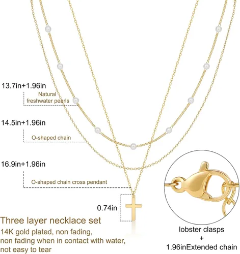 Vista 6 de ASCOMY Collares en capas para mujer, delicado collar de oro chapado en oro de 14 quilates, collar de espiga para mujer, collar de cruz de perlas