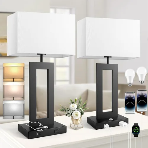 Vista 18 de Kondras Juego de 2 lámparas de mesa para dormitorios, 3 temperaturas de color, control táctil, lámparas de noche con 2 puertos USB y salida de CA