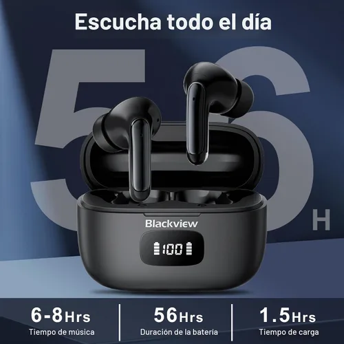 Vista 5 de Blackview Auriculares inalámbricos, Airbuds 8, Bluetooth 5.3, cancelación de ruido, IPX7 impermeable, tiempo de reproducción de 56 horas, control
