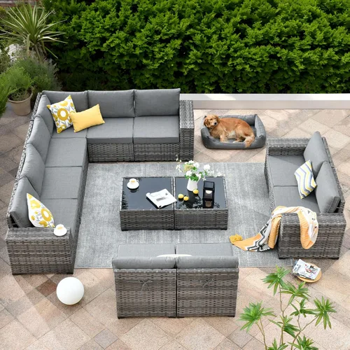 Vista 24 de ovios Juego de muebles de patio de 6 piezas, sofá seccional de mimbre para exteriores con mesa auxiliar, cómodos cojines, moderno sofá modular Beige