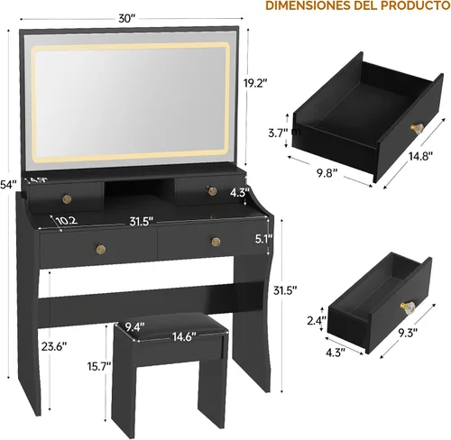 Vista 3 de COMHOMA Escritorio de tocador con espejo de luces LED y toma de corriente, pequeño juego de mesa de tocador de maquillaje con 5 cajones de Mate-Negro