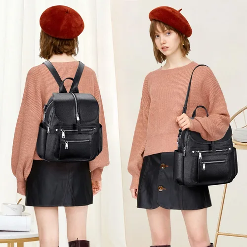 Vista 3 de ALTOSY Mochila de cuero para mujer, bolso casual de moda con múltiples bolsillos y solapa