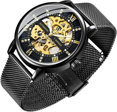 Vista 12 de Reloj de Esqueleto para Hombre Clásico con Números Romanos Steampunk Reloj Mecánico de Cuerda Manual Relojes para Hombre (Azul)