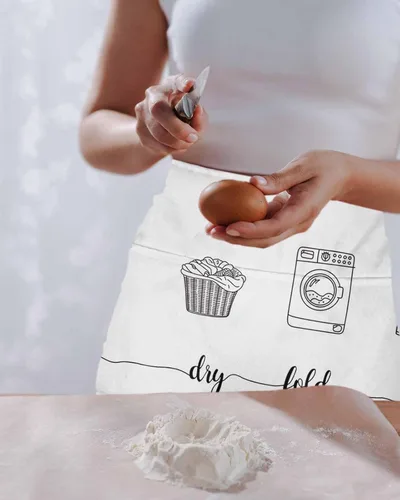 Vista 2 de Laundry Room Server Aprons with 3 Pockets, Cartoon Wash Dry Fold Repeat Simple Lines Art Waitress Waist Apron for Women Men Waterproof Half Aprons