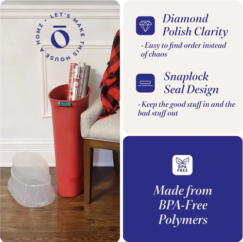 Vista 3 de HOMZ Paquete de 2 organizadores verticales de plástico para envolver regalos, color rojo y transparente, contenedores de papel para regalos