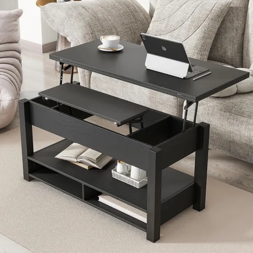 Vista 3 de Mesa auxiliar elevable, mesa auxiliar multifuncional con estantes abiertos, mesa de comedor moderna para sala de estar, oficina en casa (negro #004)
