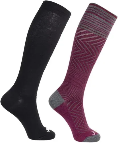 Vista 9 de ja vie Calcetines de compresión graduados de 76% lana merino para mujeres y hombres (15-20 mmHg), 2 Pares: 1 Negro Puro+1 Denim, S