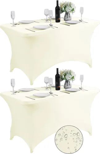 Vista 21 de SuperO - Paquete de 2 manteles de elastano impermeables para mesas de 6 pies, mantel elástico universal ajustable para fiestas, banquetes, bodas