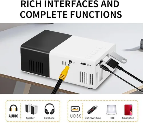 Vista 5 de Mini proyector, proyector de video de cine en casa HD 1080P, 100ANSI 6000LM, corrección trapezoidal automática, espejo de pantalla, compatible