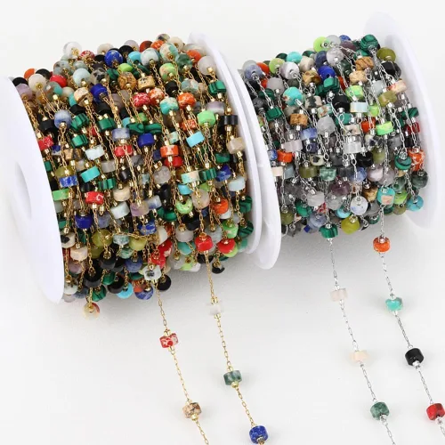 Vista 4 de GIOTEL Cadena de cuentas de piedra natural de acero inoxidable de 3.3 ft para pulseras hechas a mano, collares, collares, materiales de fabricación