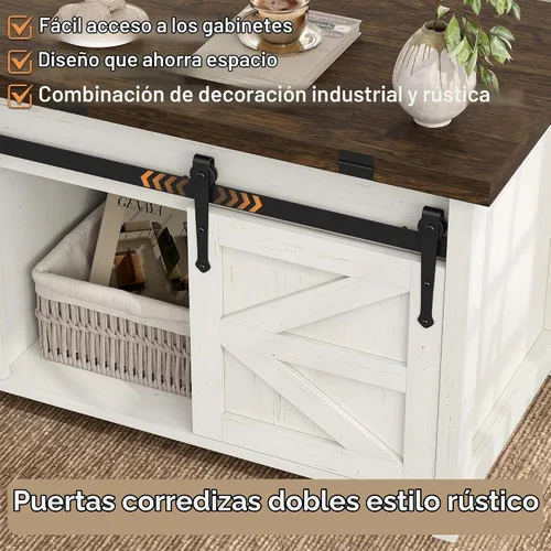 Vista 7 de Furnihold Mesa de centro elevable con almacenamiento, 4 en 1, multifunción, de madera, con puertas correderas de granero, mesa central para sala