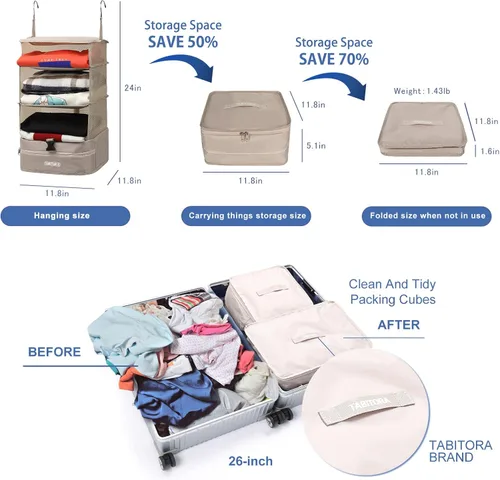 Vista 49 de TABITORA - Estantería portátil y plegable de gran capacidad con ganchos para colgar, ideal como almacenamiento para viajes