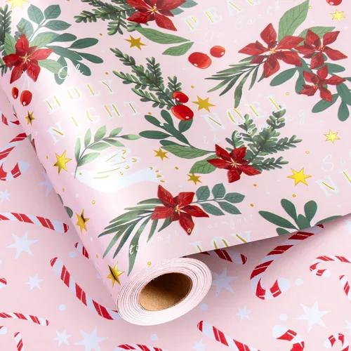 Vista 19 de Homeral Rollo de papel de regalo de Navidad, Papá Noel, muñeco de nieve y lazo y bastones de caramelo rosados, envoltura de regalo reversible