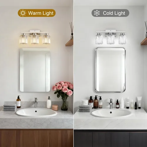 Vista 5 de GOLSPARK Modern Crystal Bathroom Vanity Light, Brushed Nickel Bathroom Lighting fixtures Over Mirror, 3-Light Vanity Light Fixtures, E26 Base Round