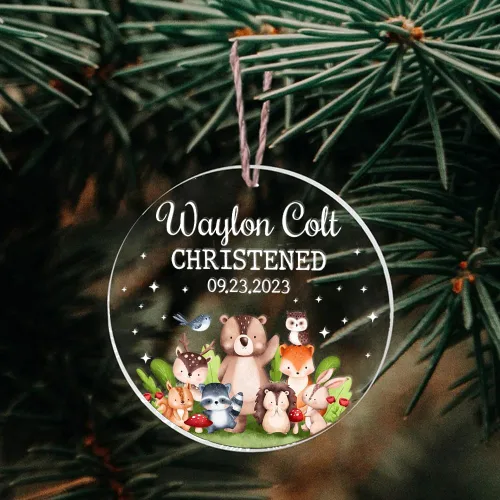 Vista 5 de Regalos personalizados de bautizo para niños y niñas, adorno de bautismo para ahijada, ahijado, adorno de bautizo de bosque para bebé, niño, niña