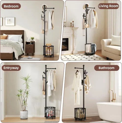 Vista 8 de CozyDH Perchero de madera con soporte para paraguas y ruedas, perchero independiente con múltiples ganchos, resistente para entrada, dormitorio