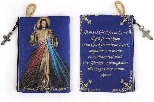 Vista 4 de Bolsa de rosario con cuerda católica de madera de olivo, rosario de Israel, Jesús Rey del Universo y creo en Dios, tela tejida, estilo tapiz, bolsa