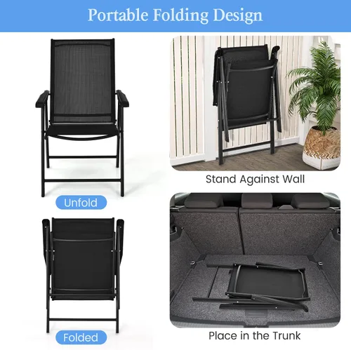 Vista 7 de Tangkula Juego de 2 sillas plegables para patio, sillas de comedor de tela para exteriores con respaldo alto y reposabrazos, marco de metal Negro