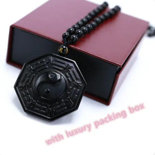 Vista 6 de Kitch Aroma Natural Tai Chi Grabado Negro Piedras de Obsidiana Colgante Collar con Extend Bead Chain