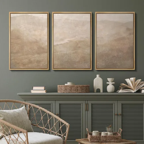 Vista 37 de SIGNFORD - Set de obras de arte en lienzo enmarcado para pared, ilustraciones abstractas de neblina del desierto en tonos neutros beige y marrón