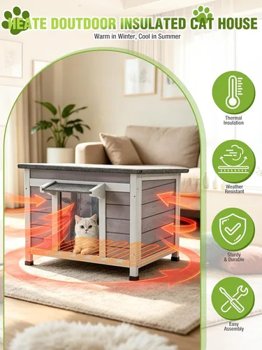 Vista 2 de Casa climatizada para gatos al aire libre con forro aislante, refugio impermeable para gatos Solid Fir Timber Stray Kitty Habitat With Removable