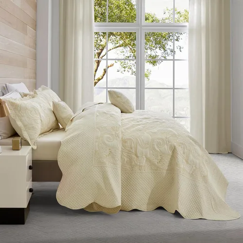 Vista 3 de Colcha extragrande tamaño King, diseño de patrón paisley, funda de cama ligera, reversible, 5 piezas, 100% microfibra, amarillo marfil Cobertura