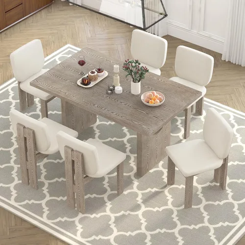 Vista 14 de Elegante juego de mesa de comedor de cocina de 6 piezas, mesa rectangular de madera y 4 sillas copetudas de respaldo alto y 1 banco, juego de mesa