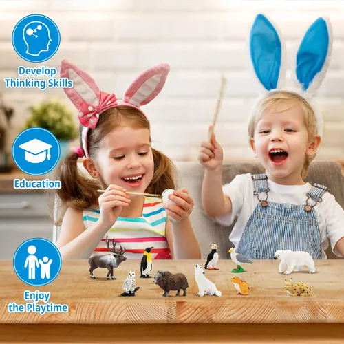 Vista 9 de Toymany Juego de 14 mini figuras de animales árticos, juguetes de animales polares con oso polar, caribú, pingüino, morsa, lobo, figuras
