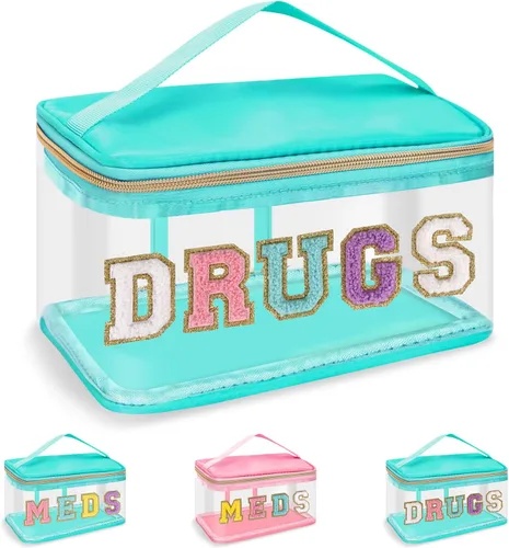 Vista 10 de Iqimott Bolsa de parche de felpilla con letras MEDS transparente, bolsa de maquillaje portátil de preparación para mujeres y niñas, viajes, bolsa