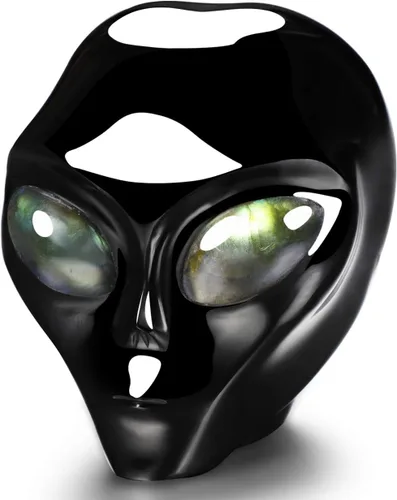Vista 2 de Skullis Estrella de obsidiana negra de 2.0 pulgadas, compañero de calavera de cristal alienígena con ojos de labradorita, escultura de arte fino