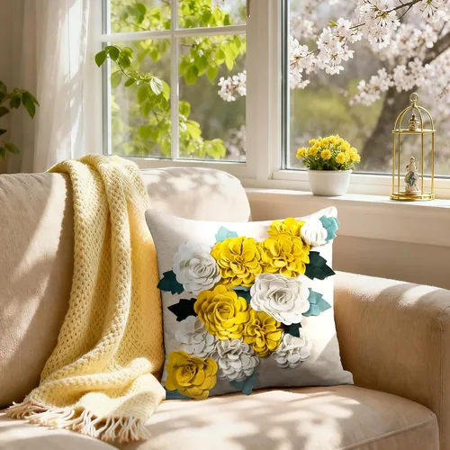 Vista 3 de KINGROSE - Funda de almohada con diseño de flores 3D, 18 x 18 pulgadas, color amarillo y blanco Funda de almohada decorativa para el hogar, funda