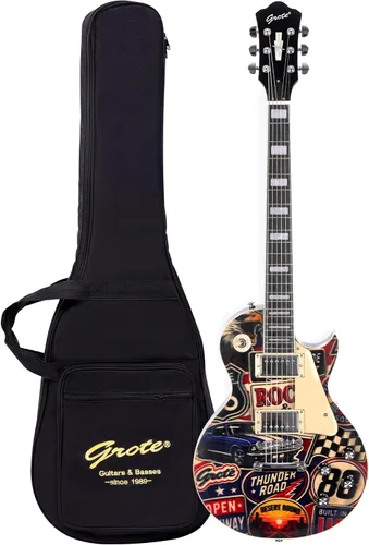 Vista 12 de Grote Guitarra eléctrica de cuerpo sólido LPYS-006 Maple Neck Ideal para todos los niveles con Gigbag (marrón antiguo)