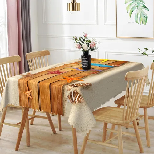 Vista 17 de Mantel oblongo, diseño de playa de 52 x 70 pulgadas, diseño de playa con estrellas de mar y olas de mar, con decoración impermeable y resistente a
