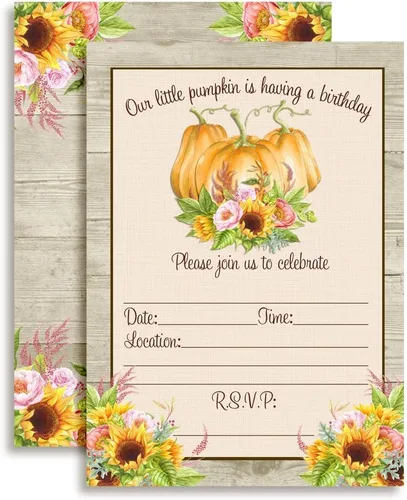 Vista 11 de Amanda Creation Invitaciones de cumpleaños de Pumpkin Truck, paquete de 20 invitaciones de cumpleaños de otoño de 5 x 7 con sobres blancos, tarjetas