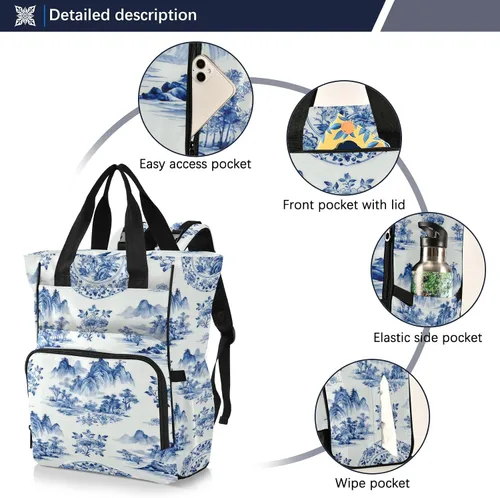 Vista 2 de Mochila para pañales azul y blanco, multifunción con bolsillos aislados para botellas, bolsa de bebé de viaje de nailon impermeable con correas