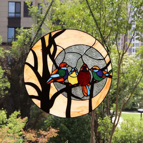 Vista 2 de Bieye W10045 Birds Sitting on The Bare Tree Branch Again Full Moon Tiffany Style Vidrieras Colgantes con cadena, forma redonda de 16 pulgadas