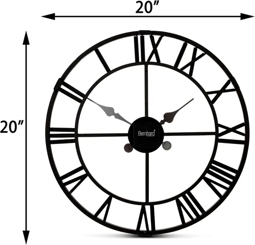 Vista 7 de Bernhard Products Reloj de pared extra grande de hierro forjado de metal negro de 20 pulgadas, funciona con pilas, diseño rústico con números