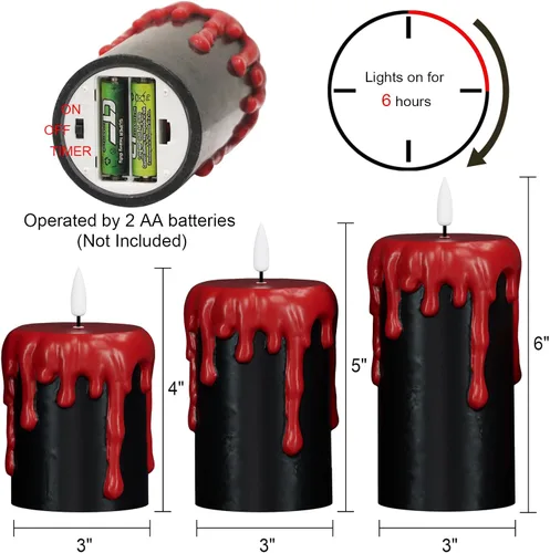 Vista 2 de Wondise Velas de Halloween sin llama con temporizador de 6 horas, velas LED negras de cera real que gotean a pilas, mecha 3D, parpadeante