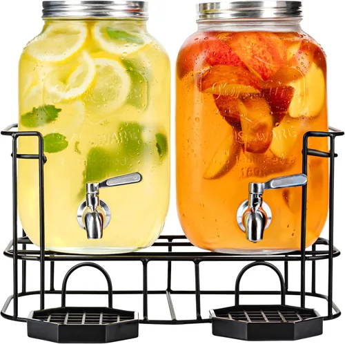 Vista 5 de Kitchentoolz Dispensadores de bebidas de vidrio de doble galón con infusor de frutas e inserto de hielo, espitas de acero inoxidable, soporte