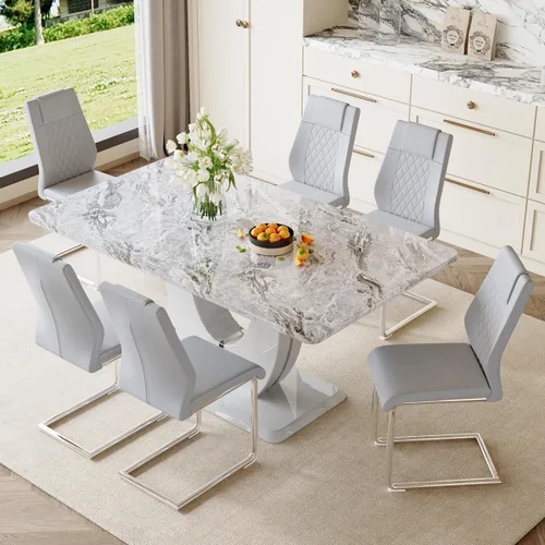 Vista 12 de JUFU Juego de mesa de comedor para 6, 63 pulgadas, juego de mesa de cocina y sillas de mármol sintético gris con 6 sillas de piel sintética, juego