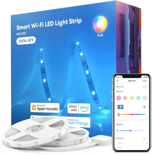 Vista 10 de Meross - Tira de luces LED inteligentes, 16.4 pies, WiFi, funciona con Apple HomeKit, Alexa, Google Home y SmartThings, 16 millones