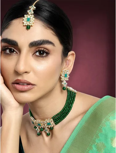 Vista 2 de Aheli Ethnic Indian Necklace Earring Maang Tikka Set Traditional Bollywood Fashion Jewelry for Women Blue