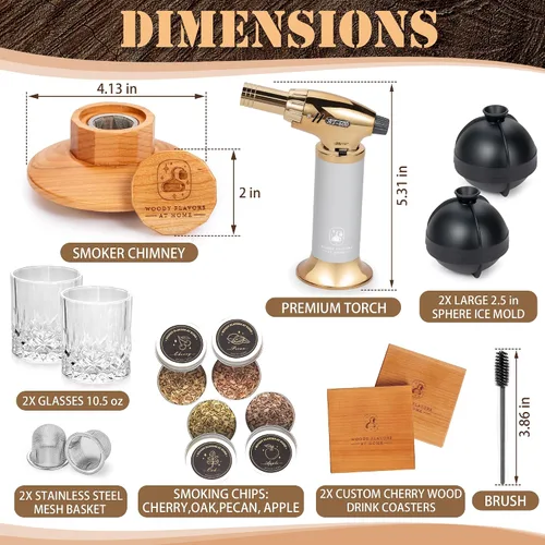 Vista 2 de Kit de ahumador de cóctel antiguo para whisky, bourbon y bebidas con ahumador de cereza, sabores de virutas de madera natural, antorcha culinaria