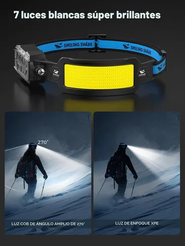 Vista 2 de Smiling Shark Faro, Lámpara de Cabeza Led Recargable 6 Modos 7*Luces Blancas 270 ° Iluminación de Luz de Cola Roja para Camping Pesca Correr