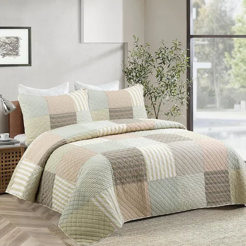 Vista 14 de Cozy Line Home Fashions Juego de ropa de cama de retazos reales a cuadros y rayas verdes, amarillos y azules, 100% algodón, colcha reversible