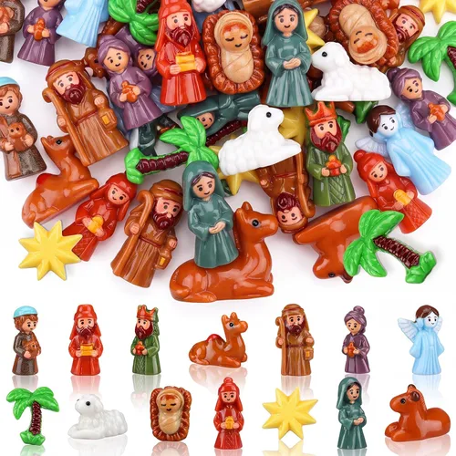 Vista 23 de RoundFunny 50pcs miniatura Navidad Belén Resina Sagrada Familia con pesebre