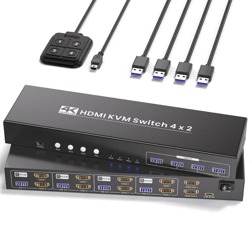 Vista 9 de Conmutador KVM HDMI 4K a 60Hz 1 Monitores 4 Computadoras, USB 3.0 4 Puertos HDMI KVM Switch para 4 Computadoras Compartir 1 Juego de Teclado, Ratón